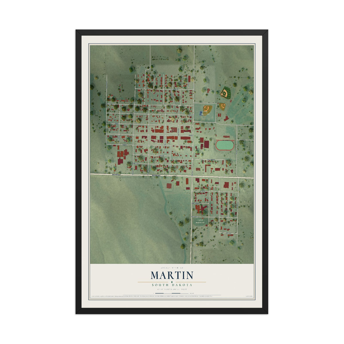 Map of Martin, South Dakota, 12 x 18 inch print in a black wood frame