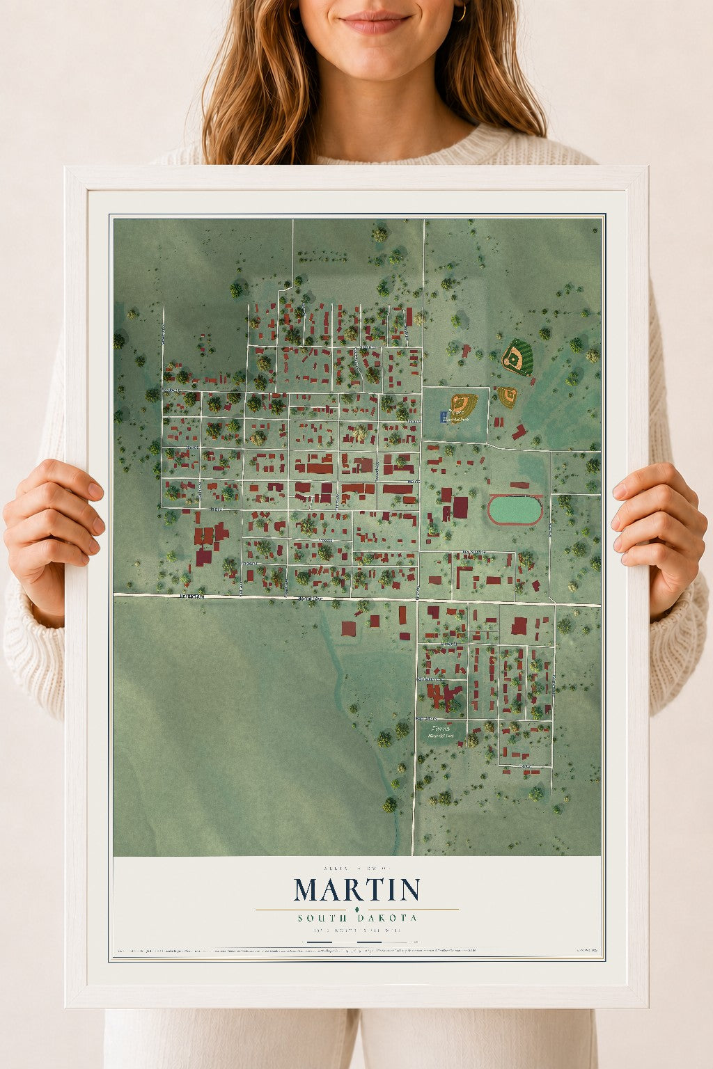 Map of Martin, South Dakota, 18 x 24 inch print in a white wood frame