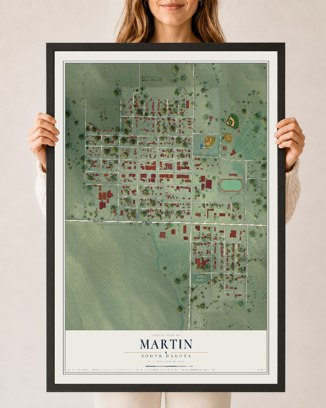 Map of Martin, South Dakota, 24 x 36 inch print in a black wood frame