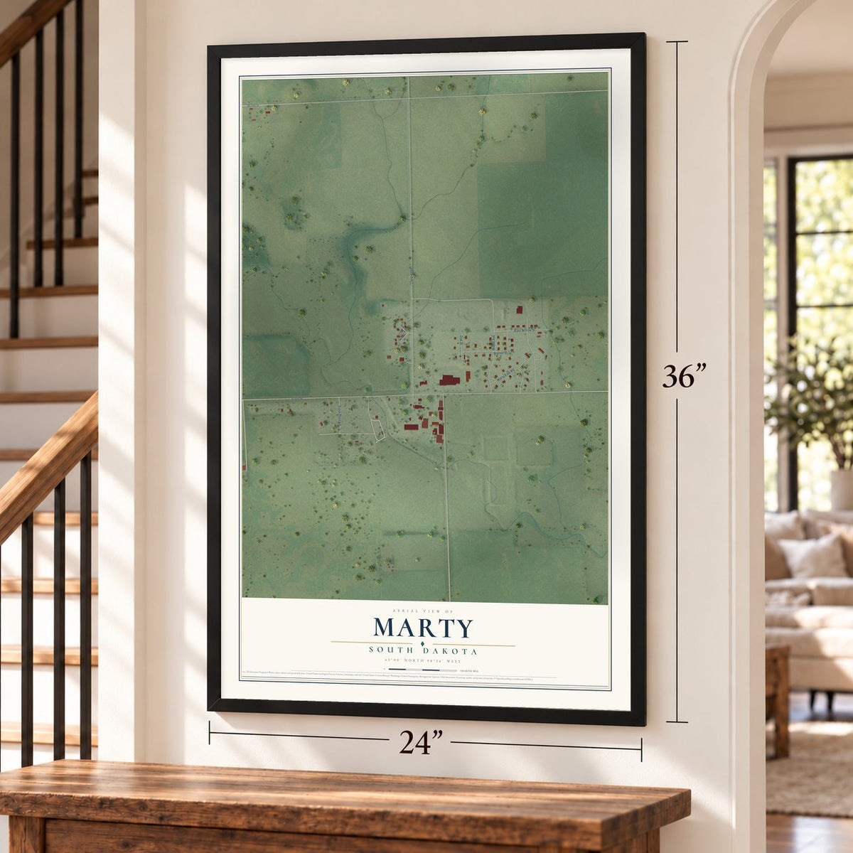 Marty, South Dakota map, 24 x 36 inch print in a black frame by a staircase