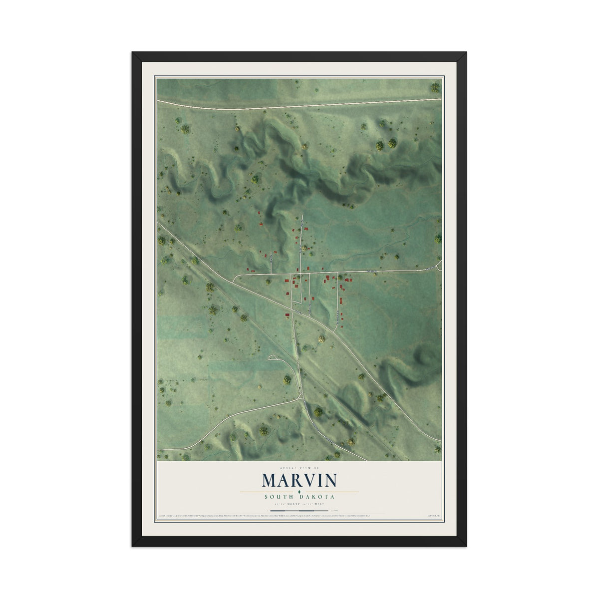 Map of Marvin, South Dakota, 12 x 18 inch print in a black wood frame