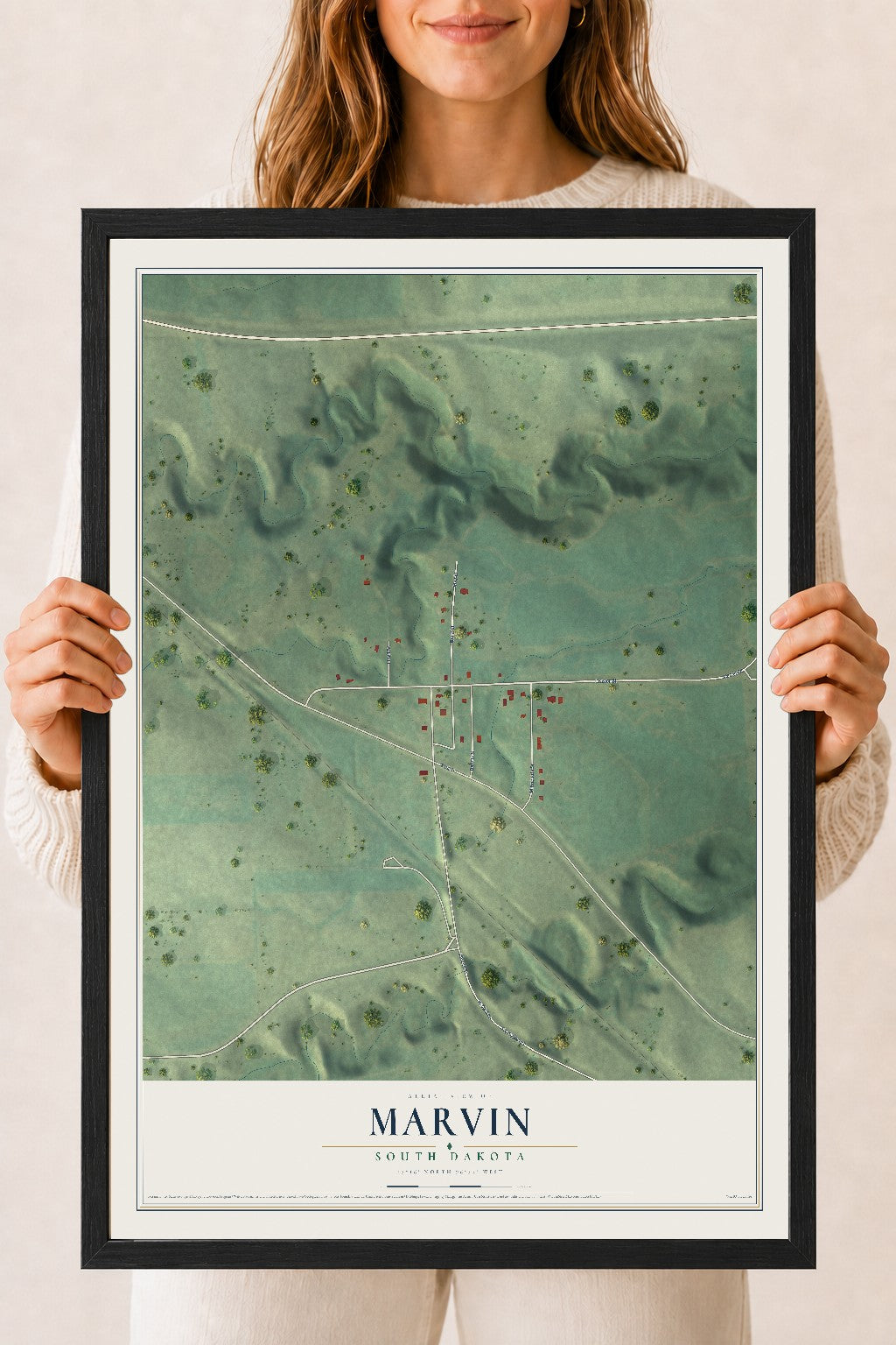 Map of Marvin, South Dakota, 18 x 24 inch print in a black wood frame