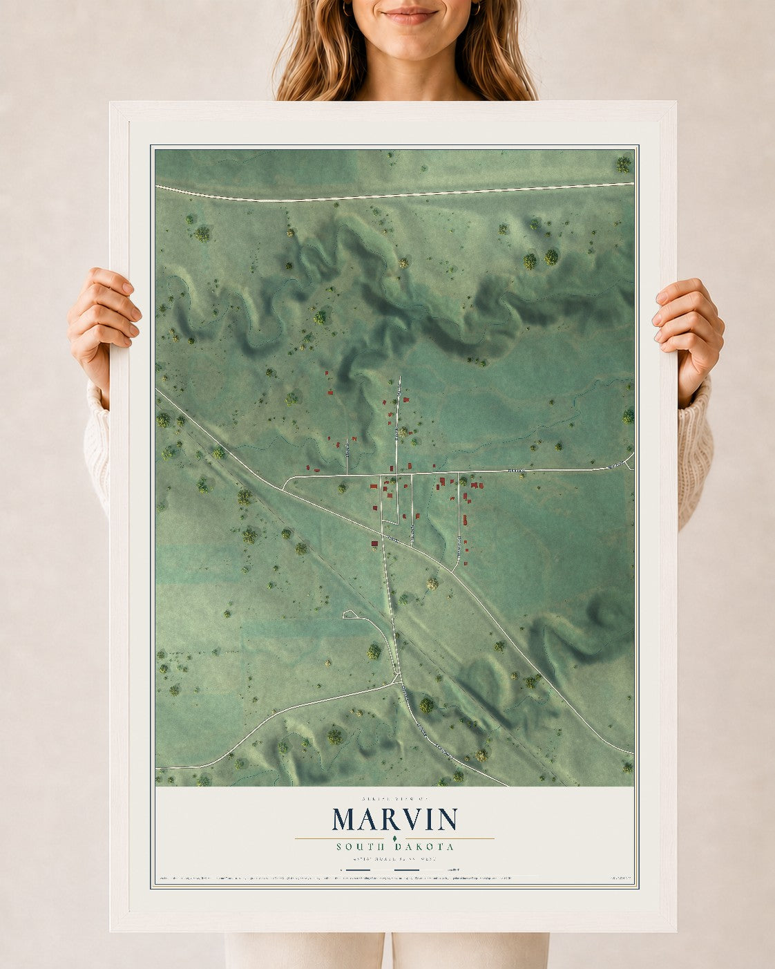 Map of Marvin, South Dakota, 24 x 36 inch print in a white wood frame