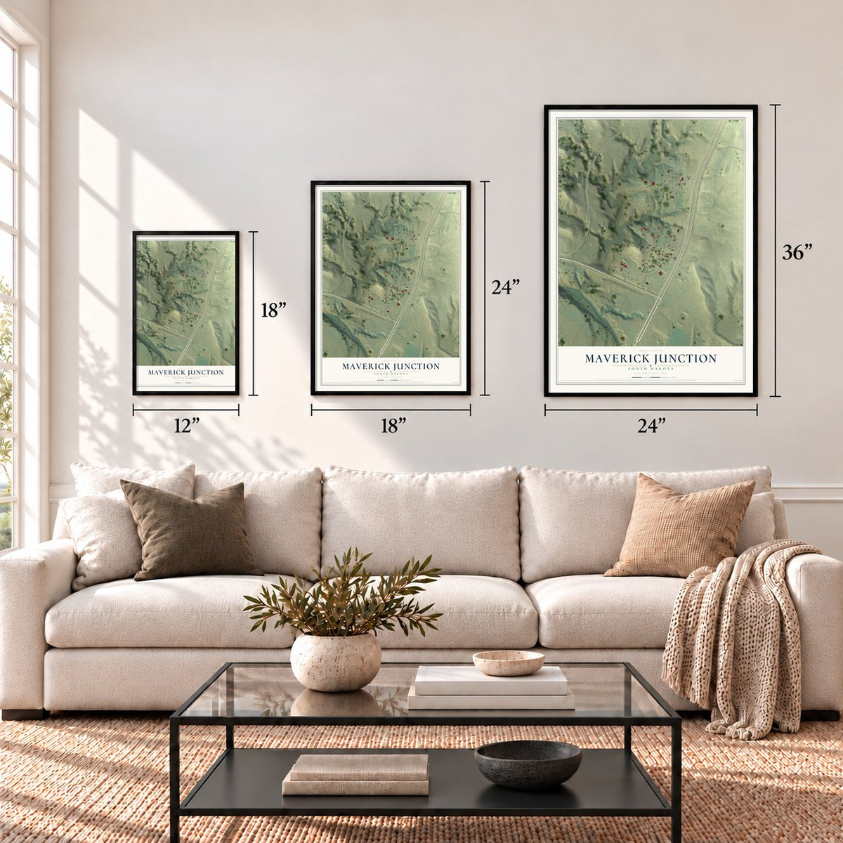 Maverick Junction, South Dakota map in 12 x 18, 18 x 24 and 24 x 36 inch sizes above a sofa