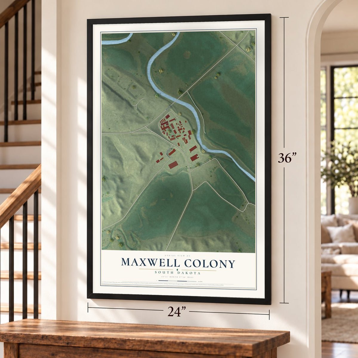 Maxwell Colony, South Dakota map, 24 x 36 inch print in a black frame by a staircase