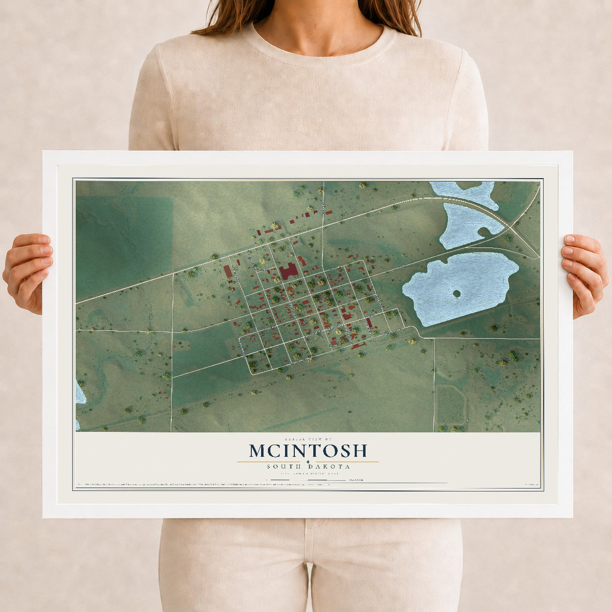 Map of McIntosh, South Dakota, 12 x 18 inch print in a white wood frame