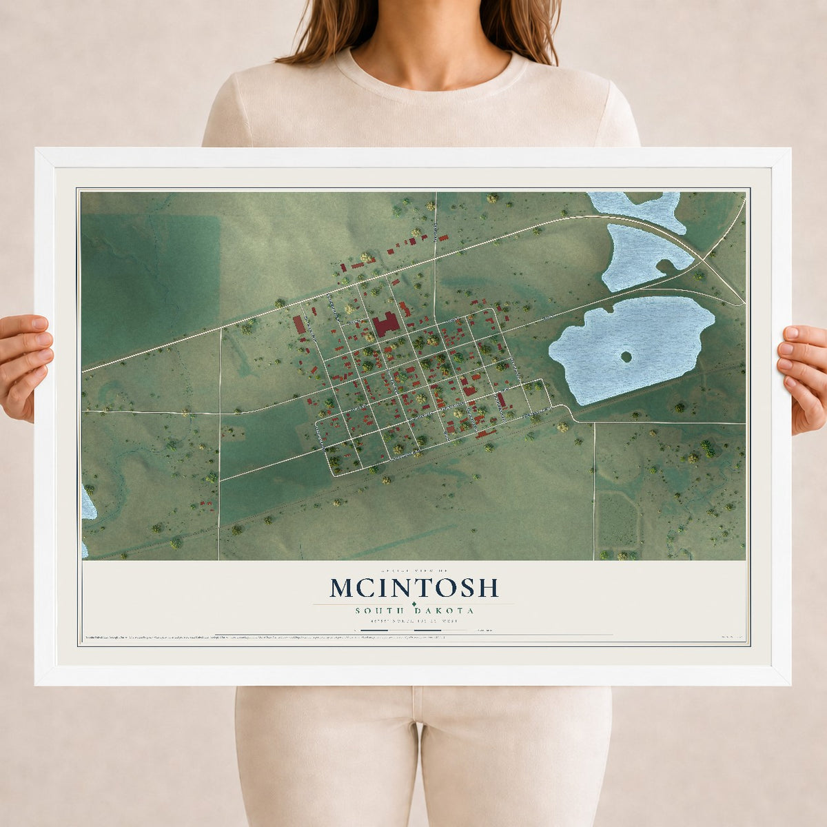 Map of McIntosh, South Dakota, 18 x 24 inch print in a white wood frame