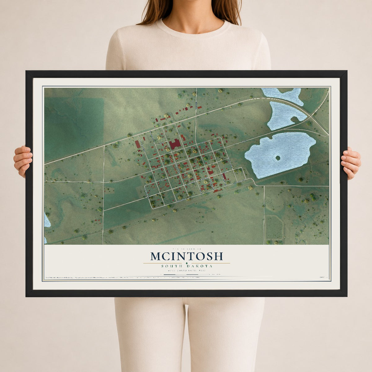 Map of McIntosh, South Dakota, 24 x 36 inch print in a black wood frame