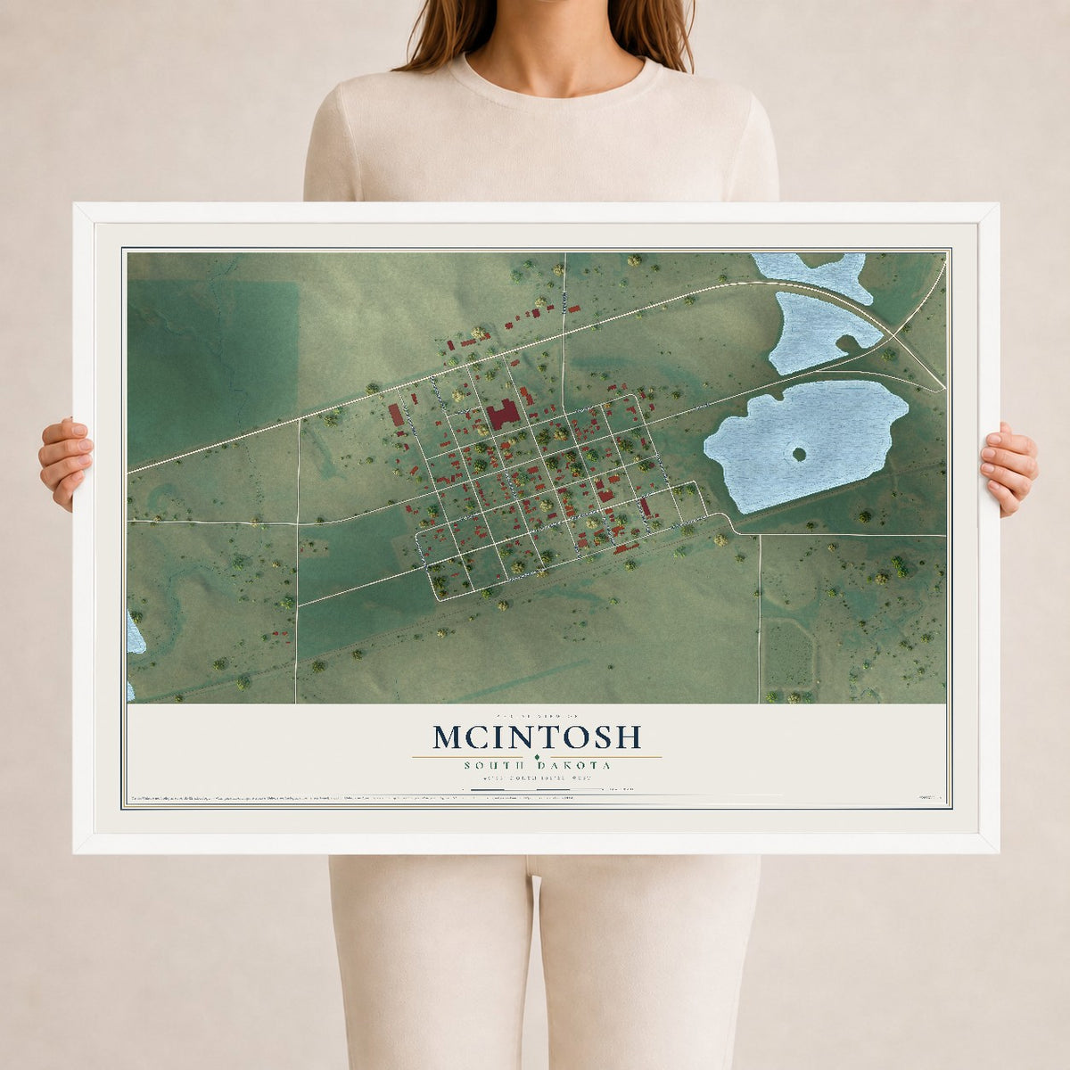 Map of McIntosh, South Dakota, 24 x 36 inch print in a white wood frame