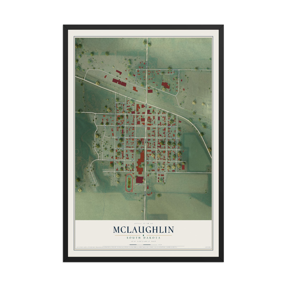 Map of McLaughlin, South Dakota, 12 x 18 inch print in a black wood frame