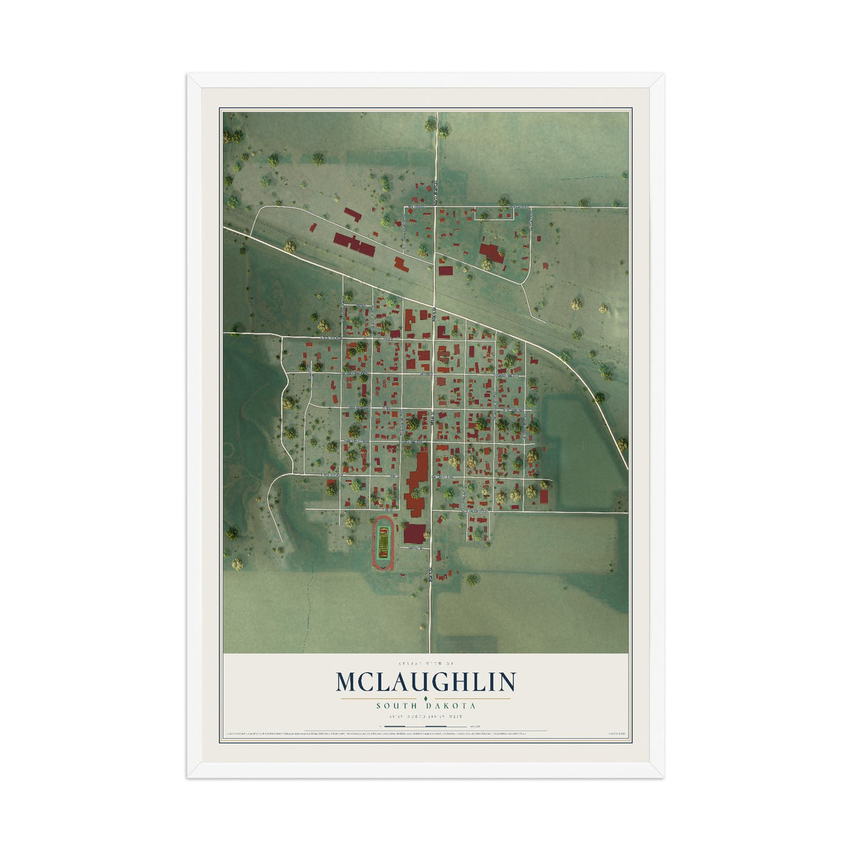 Map of McLaughlin, South Dakota, 12 x 18 inch print in a white wood frame