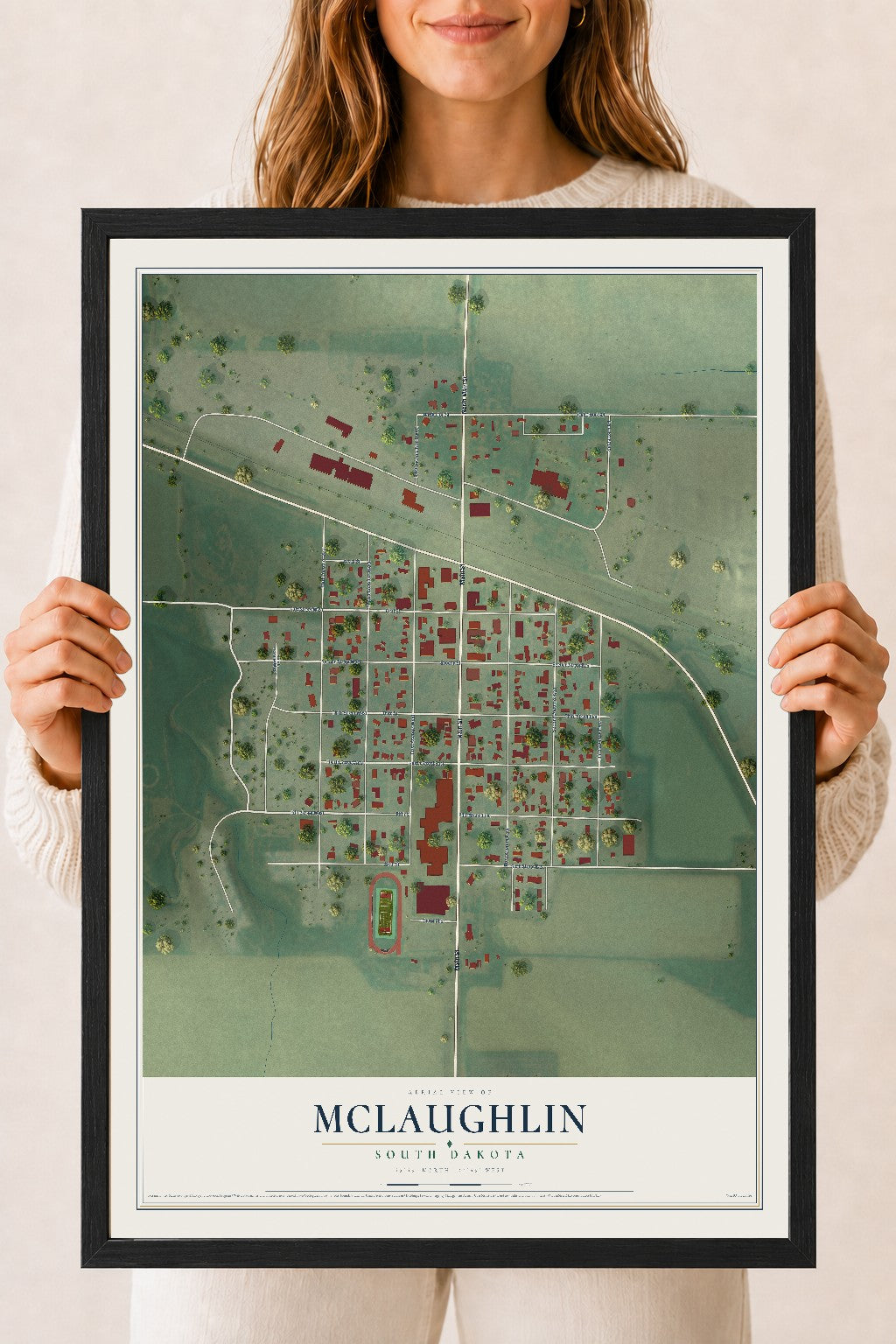 Map of McLaughlin, South Dakota, 18 x 24 inch print in a black wood frame