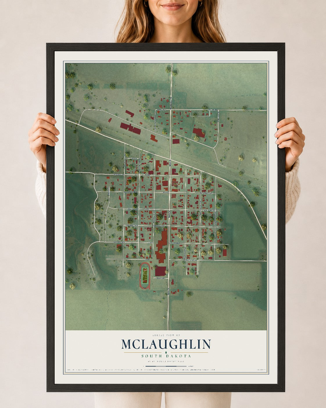 Map of McLaughlin, South Dakota, 24 x 36 inch print in a black wood frame