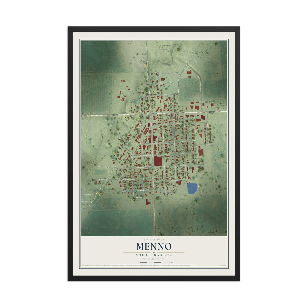 Map of Menno, South Dakota, 12 x 18 inch print in a black wood frame