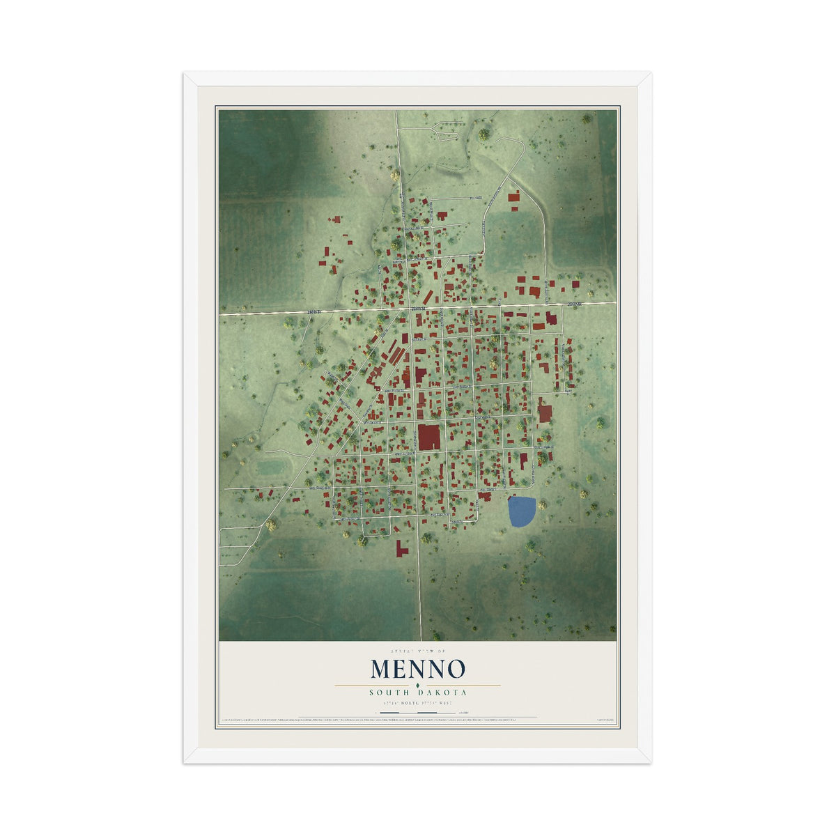 Map of Menno, South Dakota, 12 x 18 inch print in a white wood frame