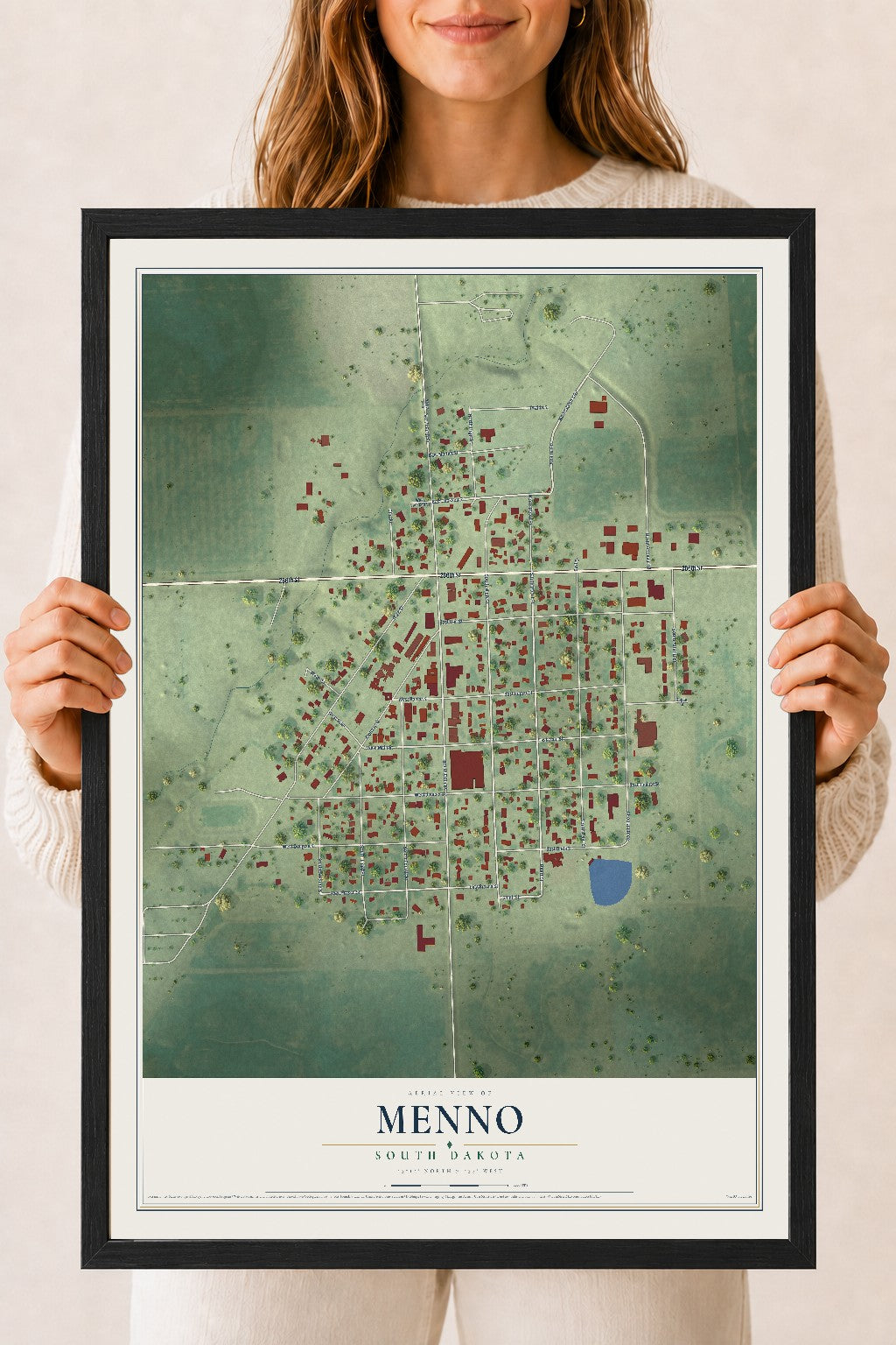 Map of Menno, South Dakota, 18 x 24 inch print in a black wood frame