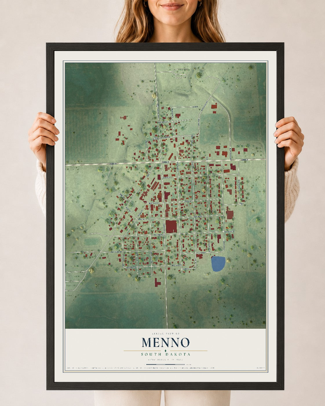 Map of Menno, South Dakota, 24 x 36 inch print in a black wood frame
