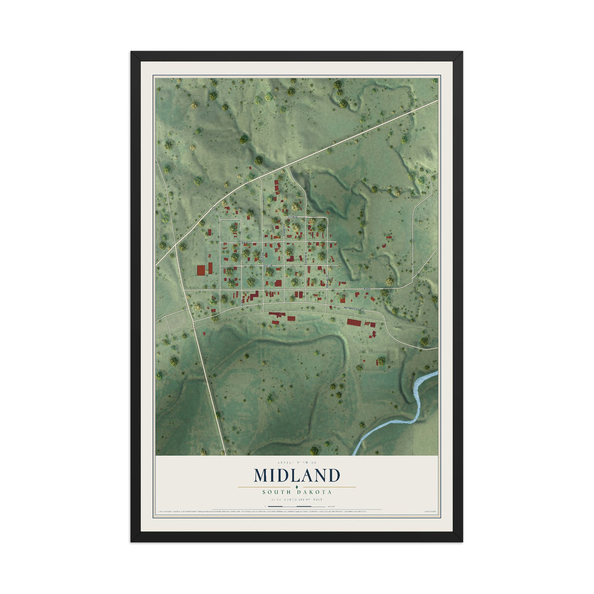 Map of Midland, South Dakota, 12 x 18 inch print in a black wood frame