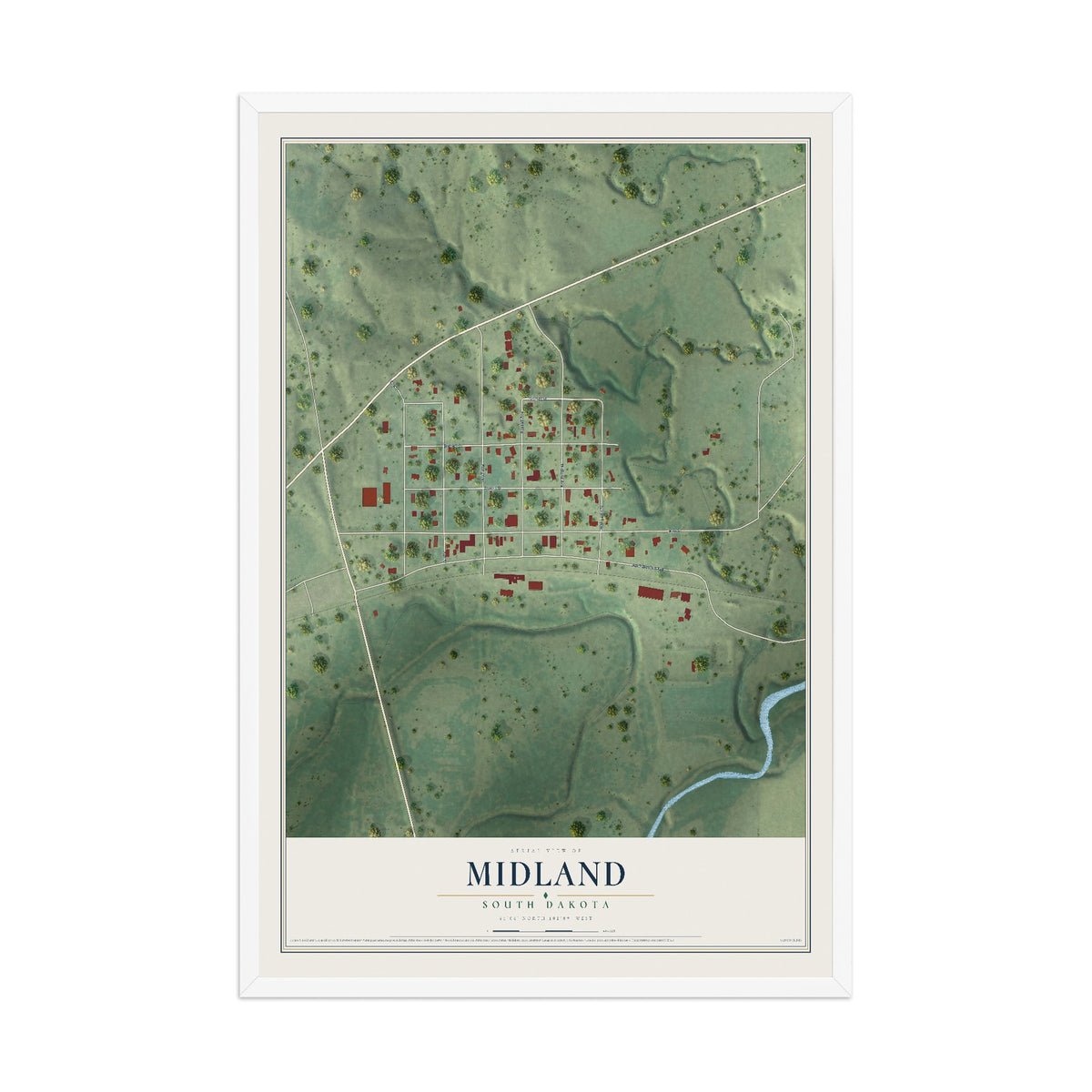 Map of Midland, South Dakota, 12 x 18 inch print in a white wood frame