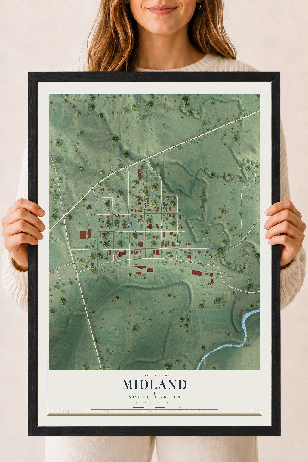 Map of Midland, South Dakota, 18 x 24 inch print in a black wood frame