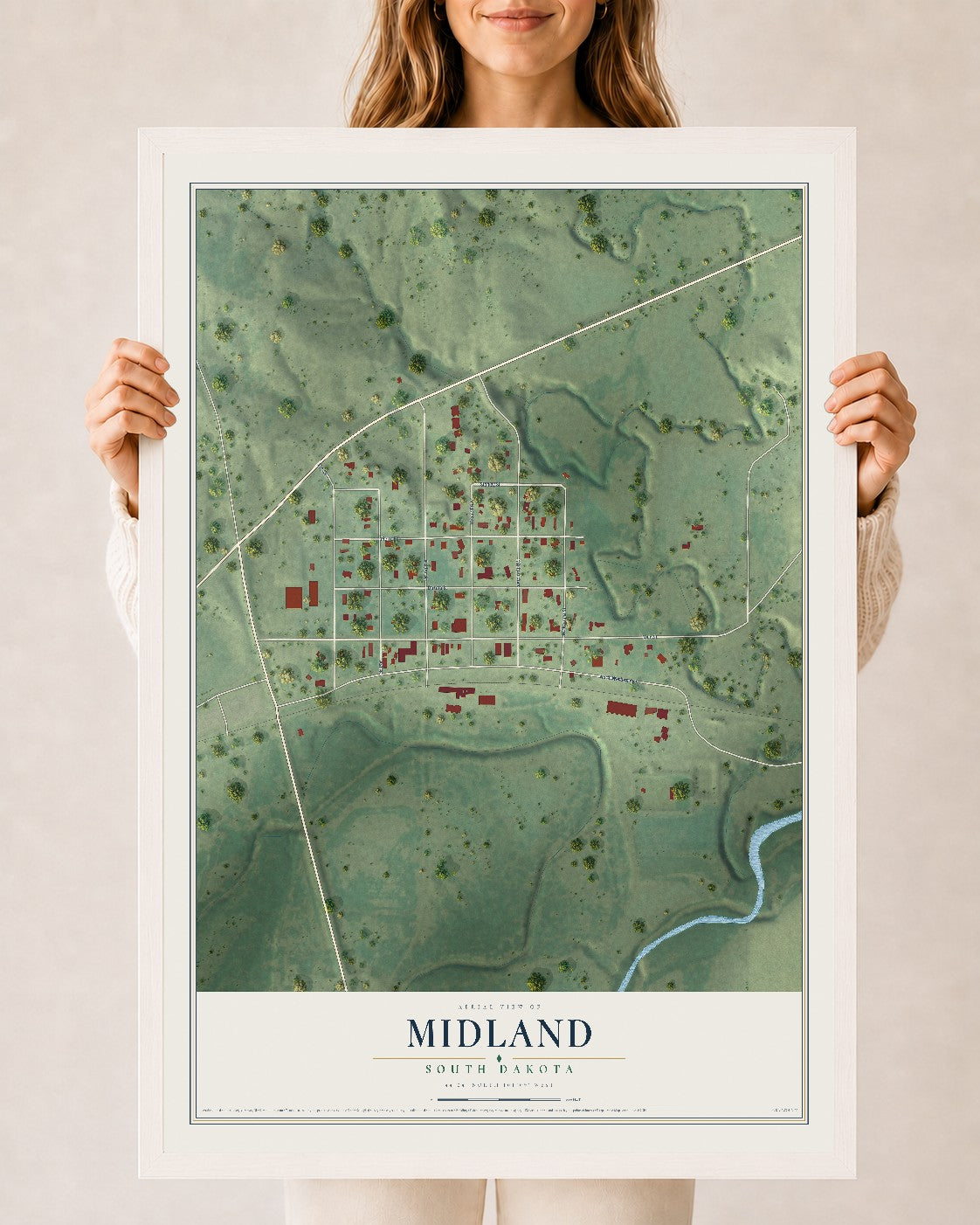 Map of Midland, South Dakota, 24 x 36 inch print in a white wood frame