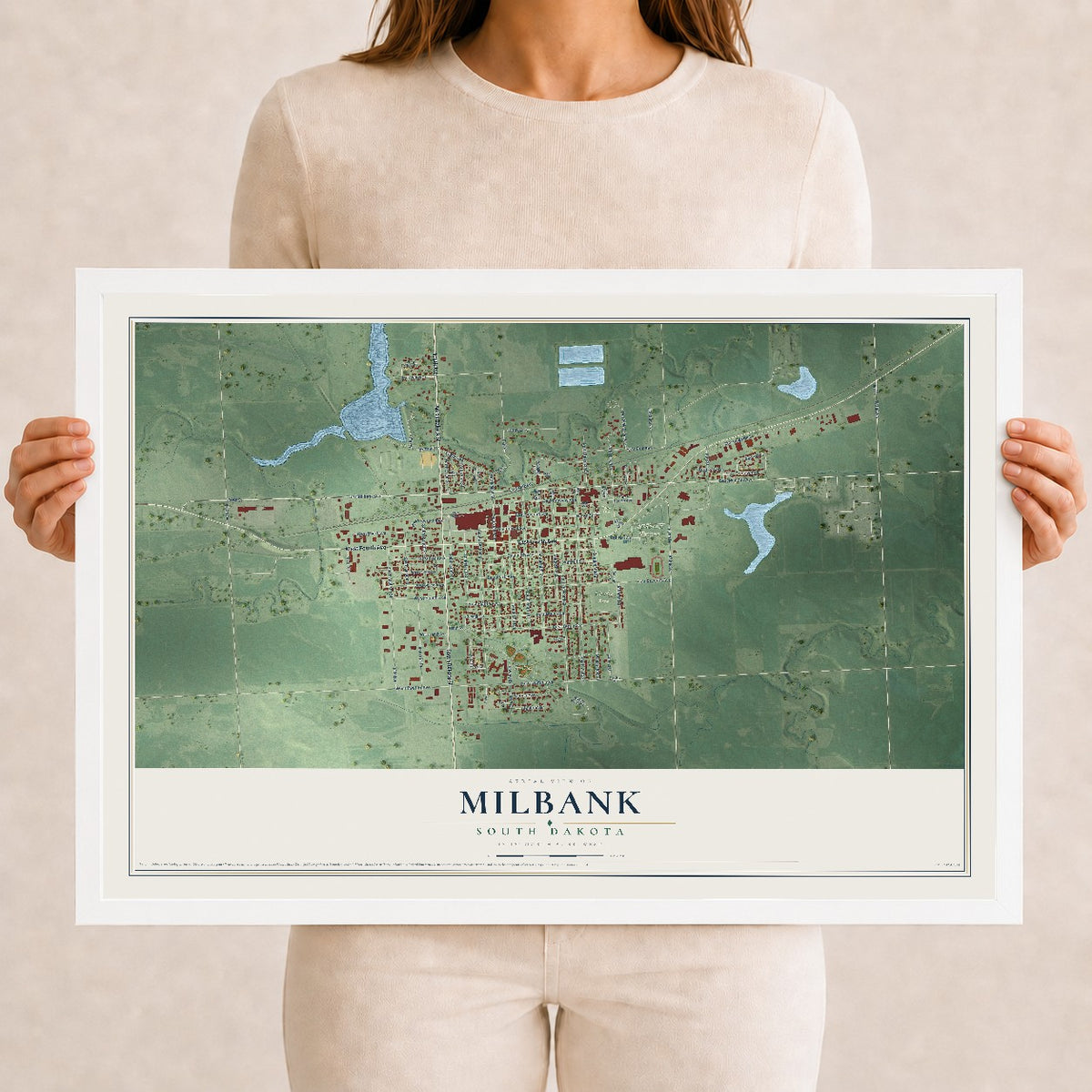 Map of Milbank, South Dakota, 12 x 18 inch print in a white wood frame