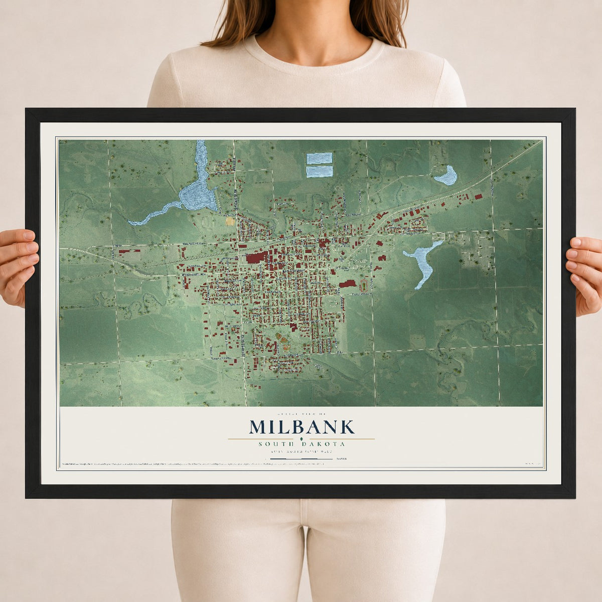 Map of Milbank, South Dakota, 18 x 24 inch print in a black wood frame