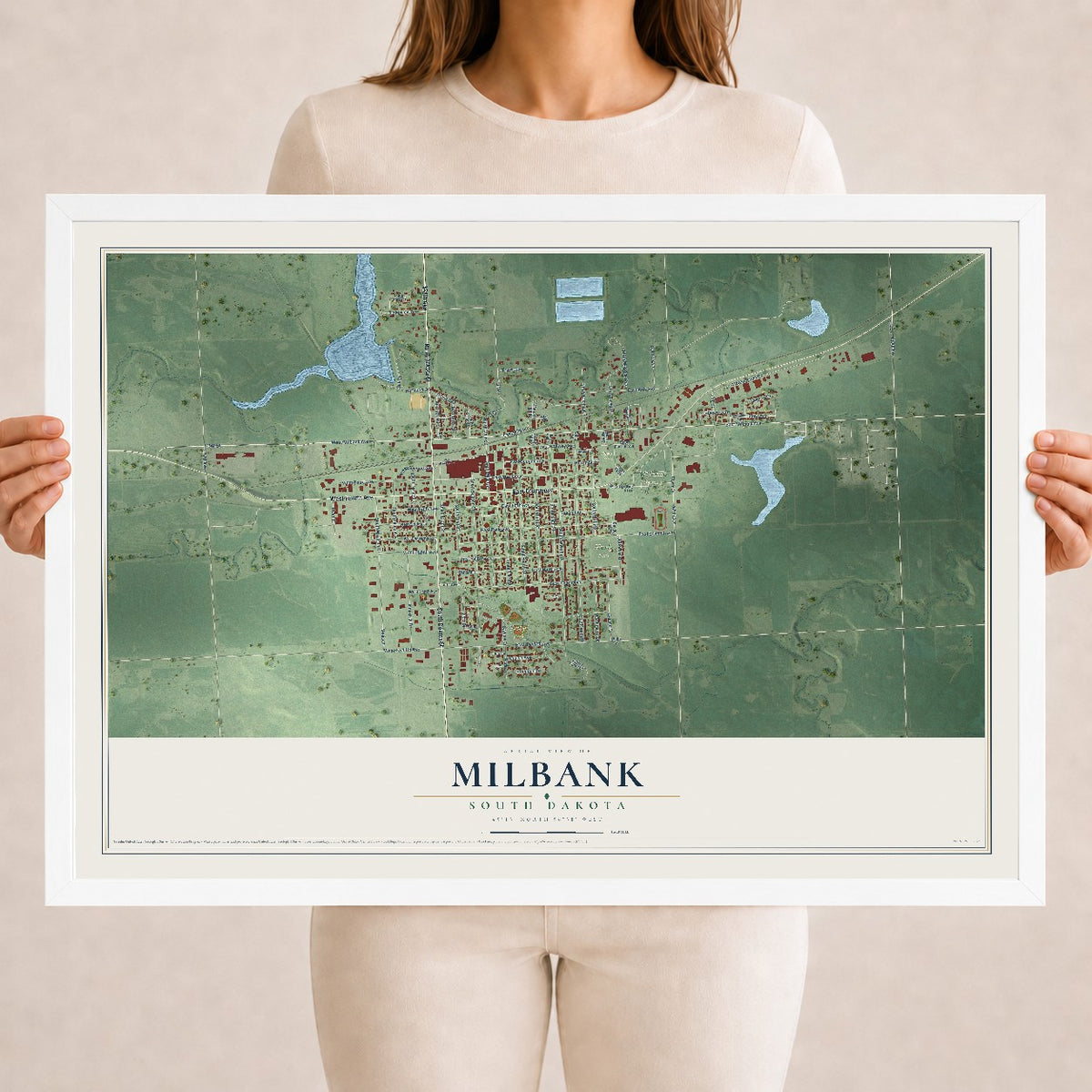 Map of Milbank, South Dakota, 18 x 24 inch print in a white wood frame