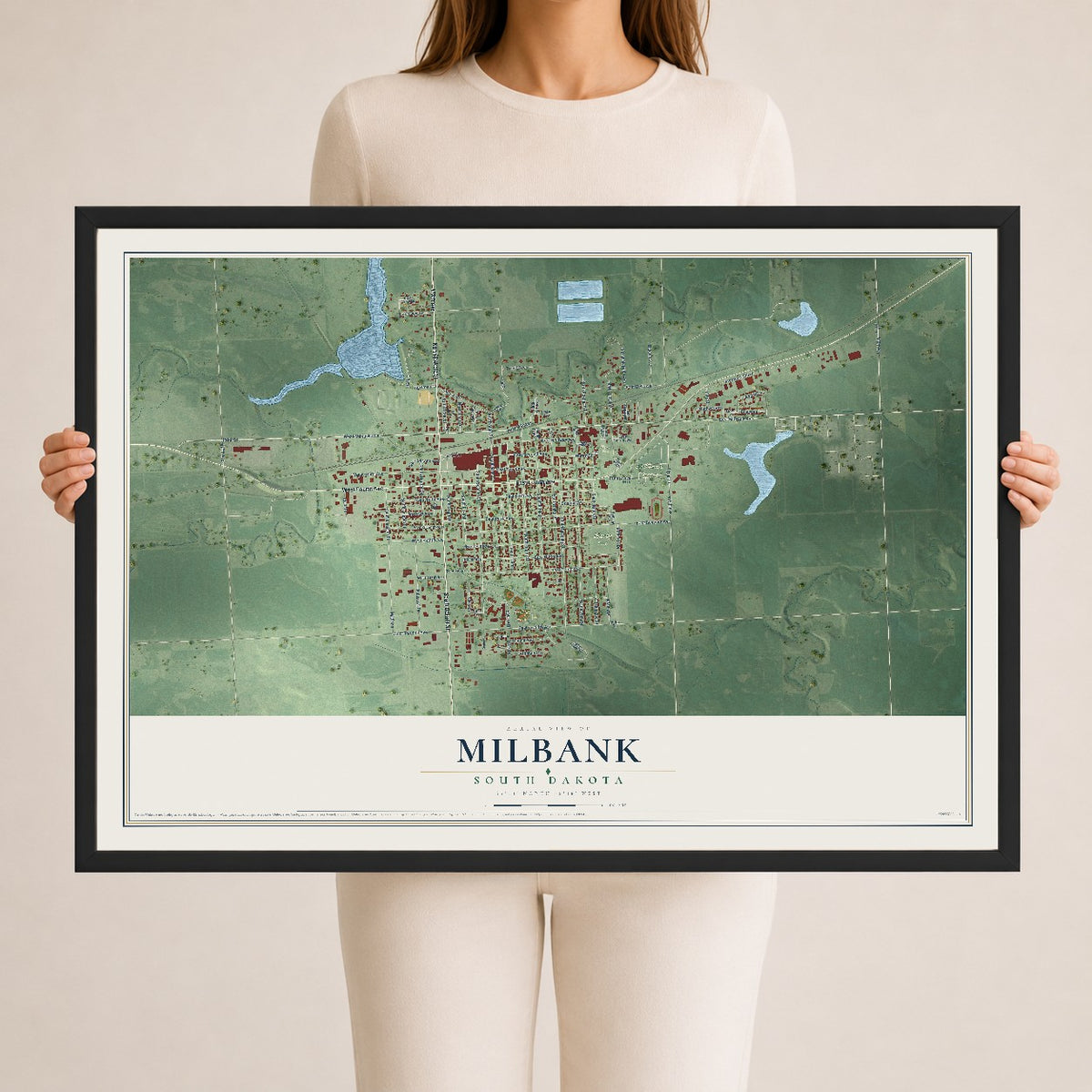 Map of Milbank, South Dakota, 24 x 36 inch print in a black wood frame