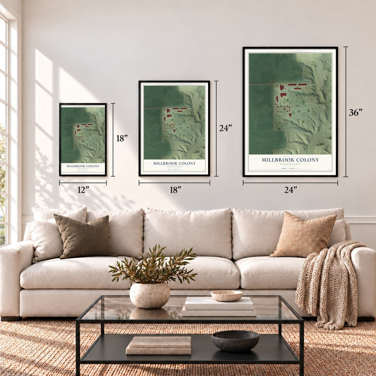 Millbrook Colony, South Dakota map in 12 x 18, 18 x 24 and 24 x 36 inch sizes above a sofa