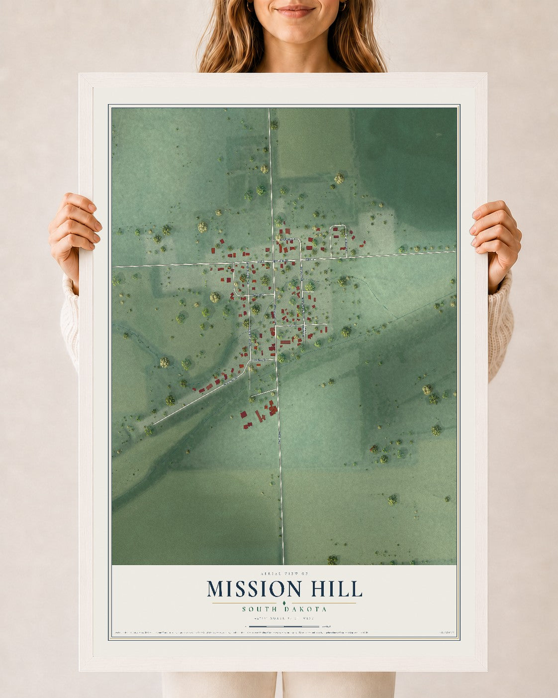 Map of Mission Hill, South Dakota, 24 x 36 inch print in a white wood frame