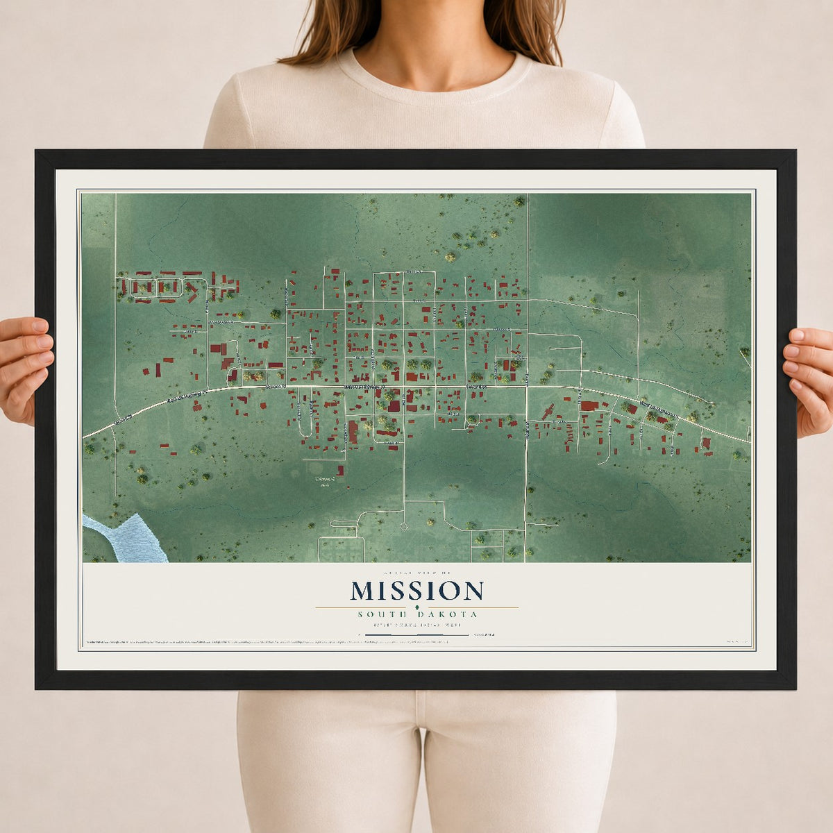 Map of Mission, South Dakota, 18 x 24 inch print in a black wood frame