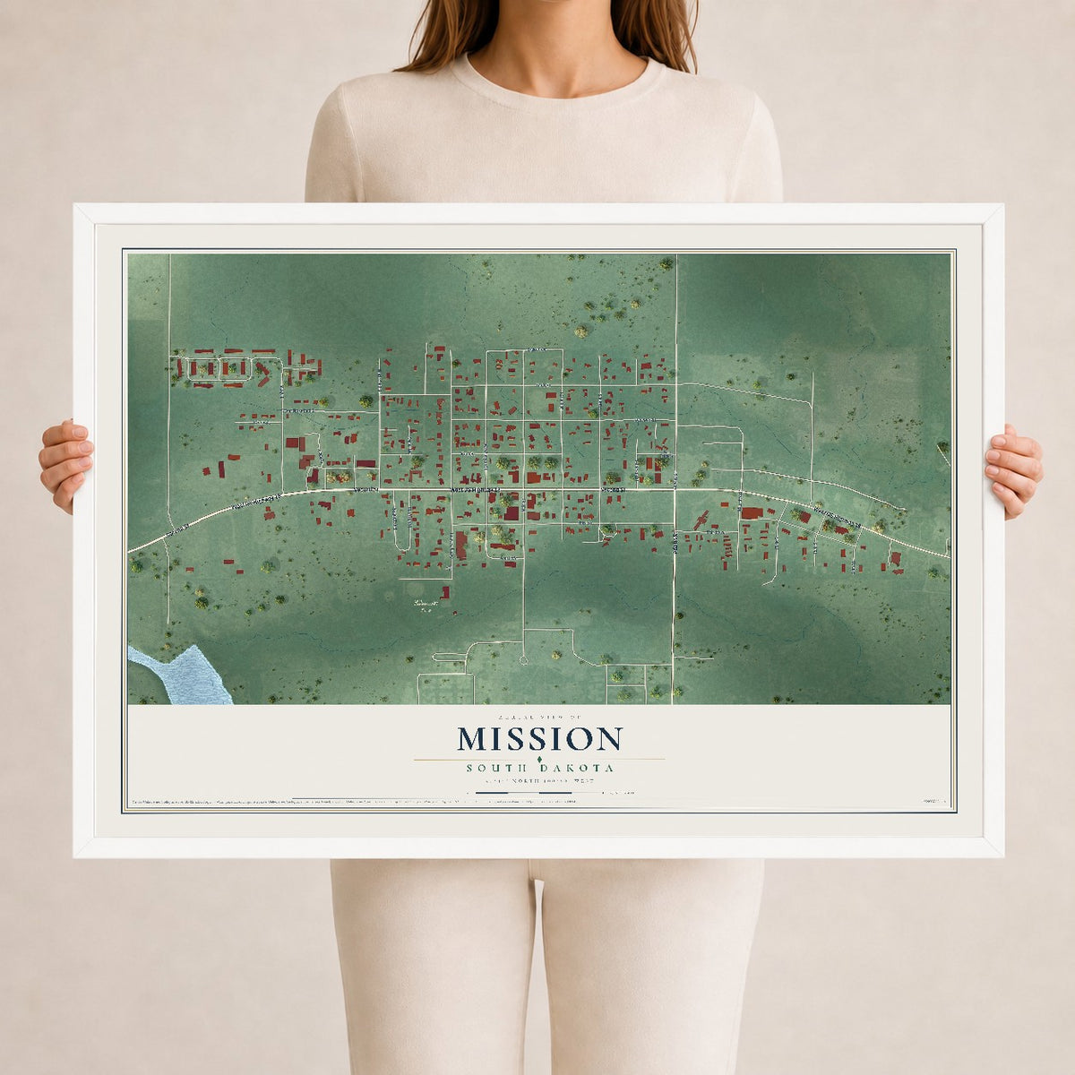 Map of Mission, South Dakota, 24 x 36 inch print in a white wood frame