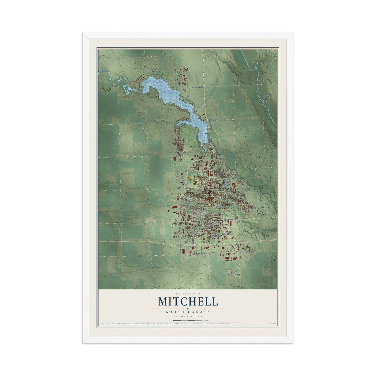 Map of Mitchell, South Dakota, 12 x 18 inch print in a white wood frame