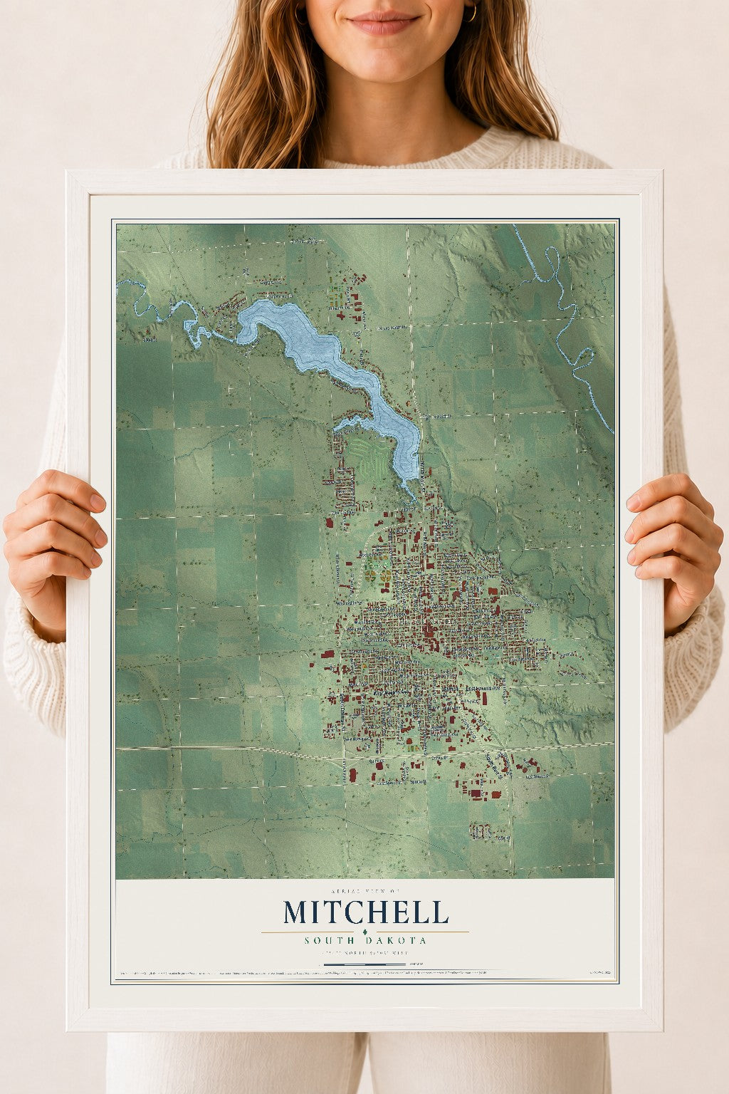 Map of Mitchell, South Dakota, 18 x 24 inch print in a white wood frame