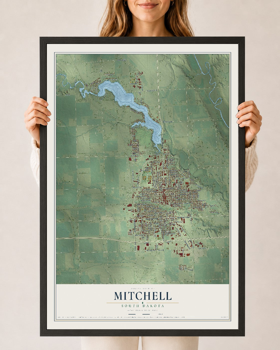 Map of Mitchell, South Dakota, 24 x 36 inch print in a black wood frame
