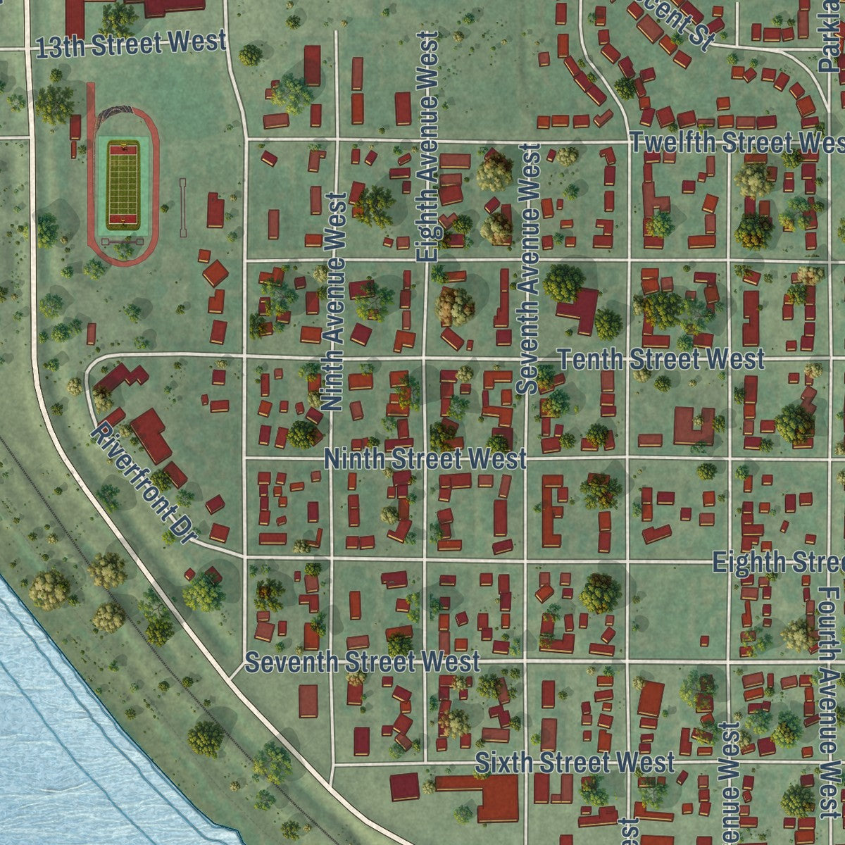 Second close-up of the map of Mobridge, South Dakota print showing more streets and buildings
