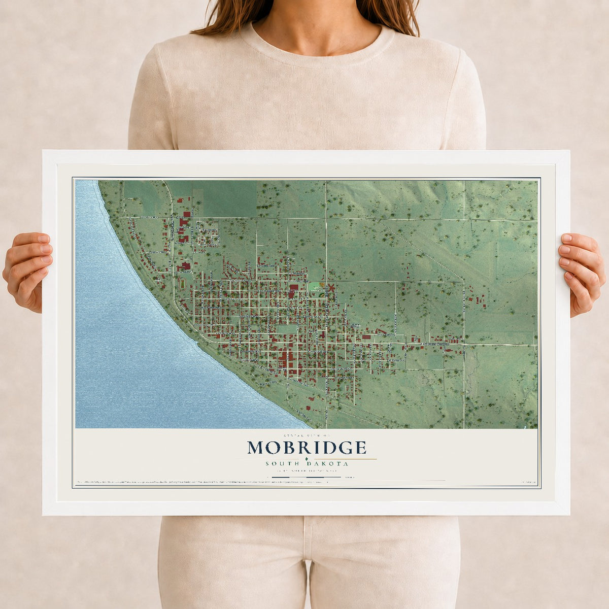 Map of Mobridge, South Dakota, 12 x 18 inch print in a white wood frame