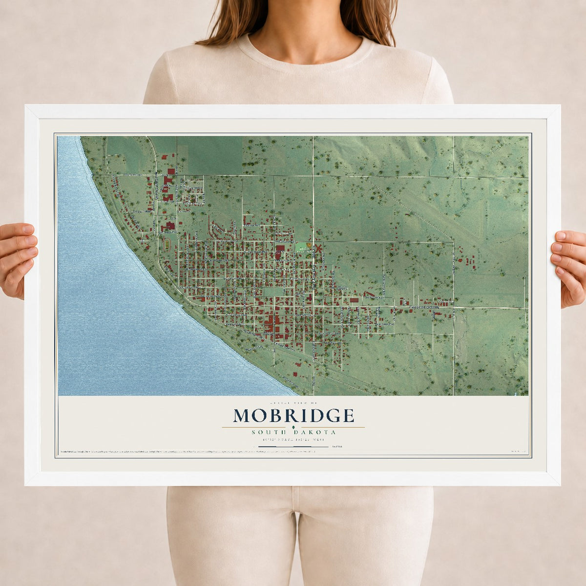 Map of Mobridge, South Dakota, 18 x 24 inch print in a white wood frame