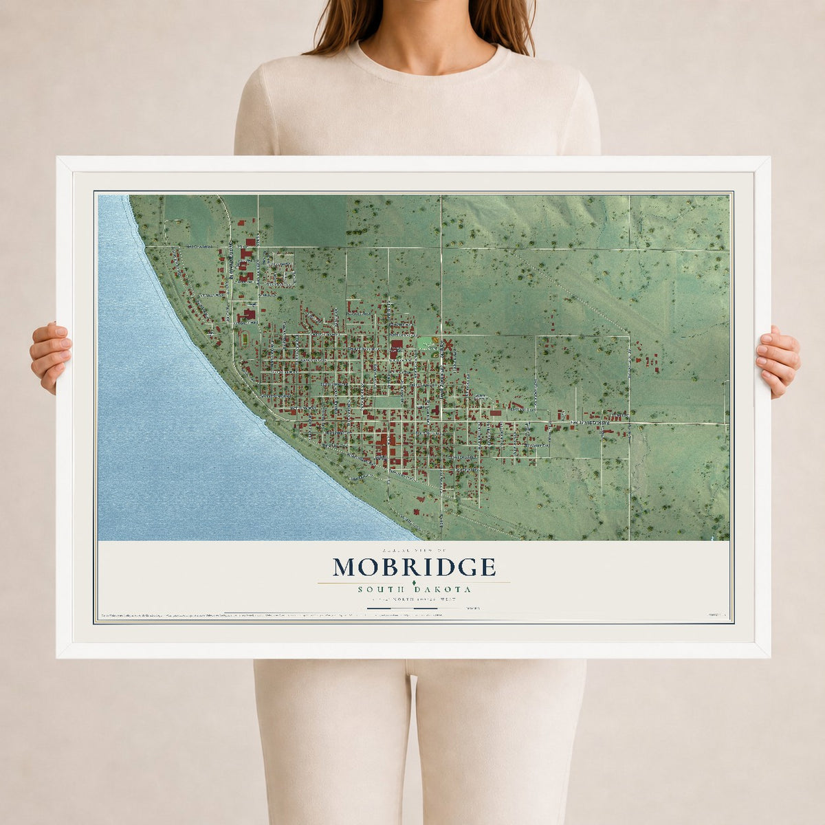 Map of Mobridge, South Dakota, 24 x 36 inch print in a white wood frame