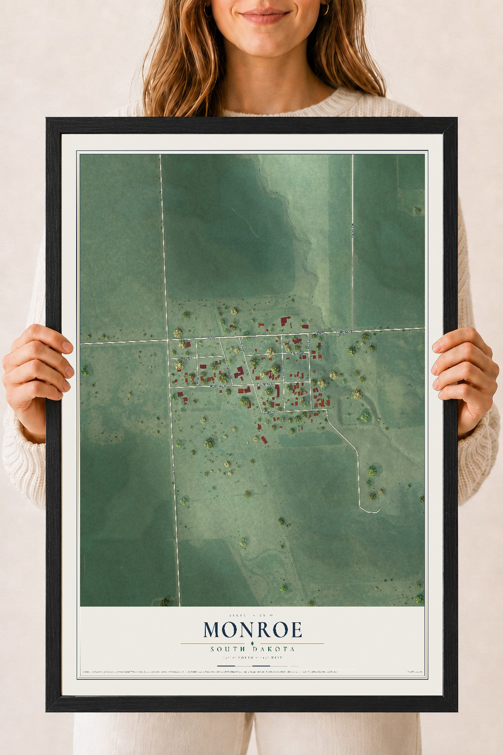 Map of Monroe, South Dakota, 18 x 24 inch print in a black wood frame