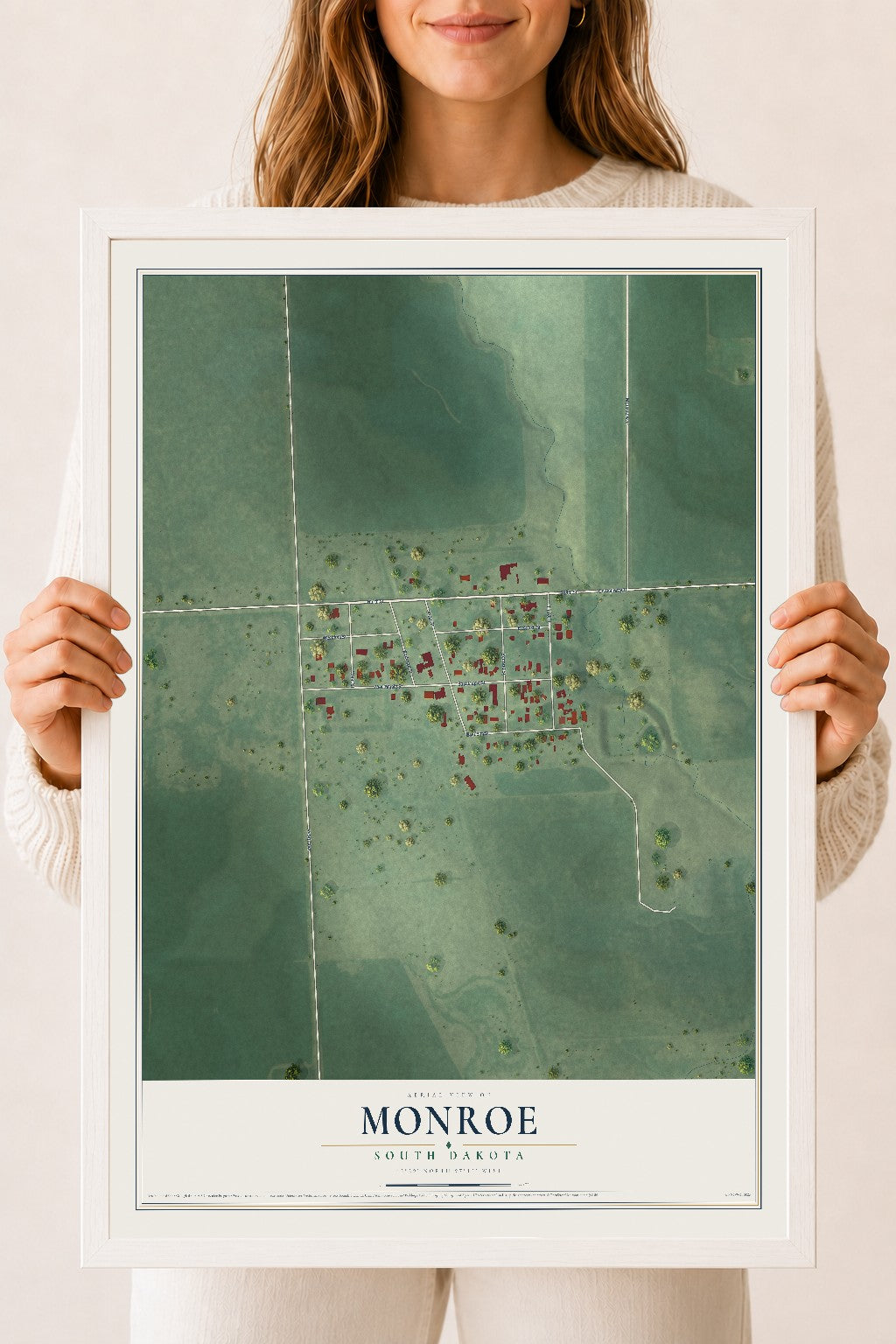 Map of Monroe, South Dakota, 18 x 24 inch print in a white wood frame