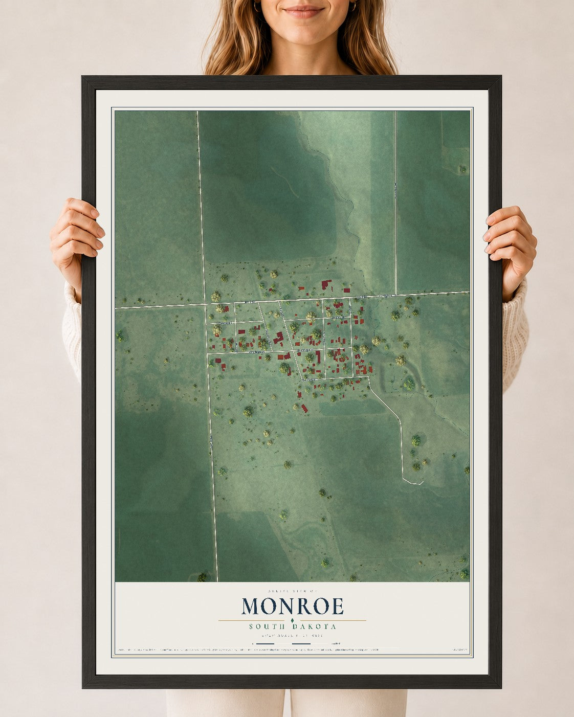 Map of Monroe, South Dakota, 24 x 36 inch print in a black wood frame
