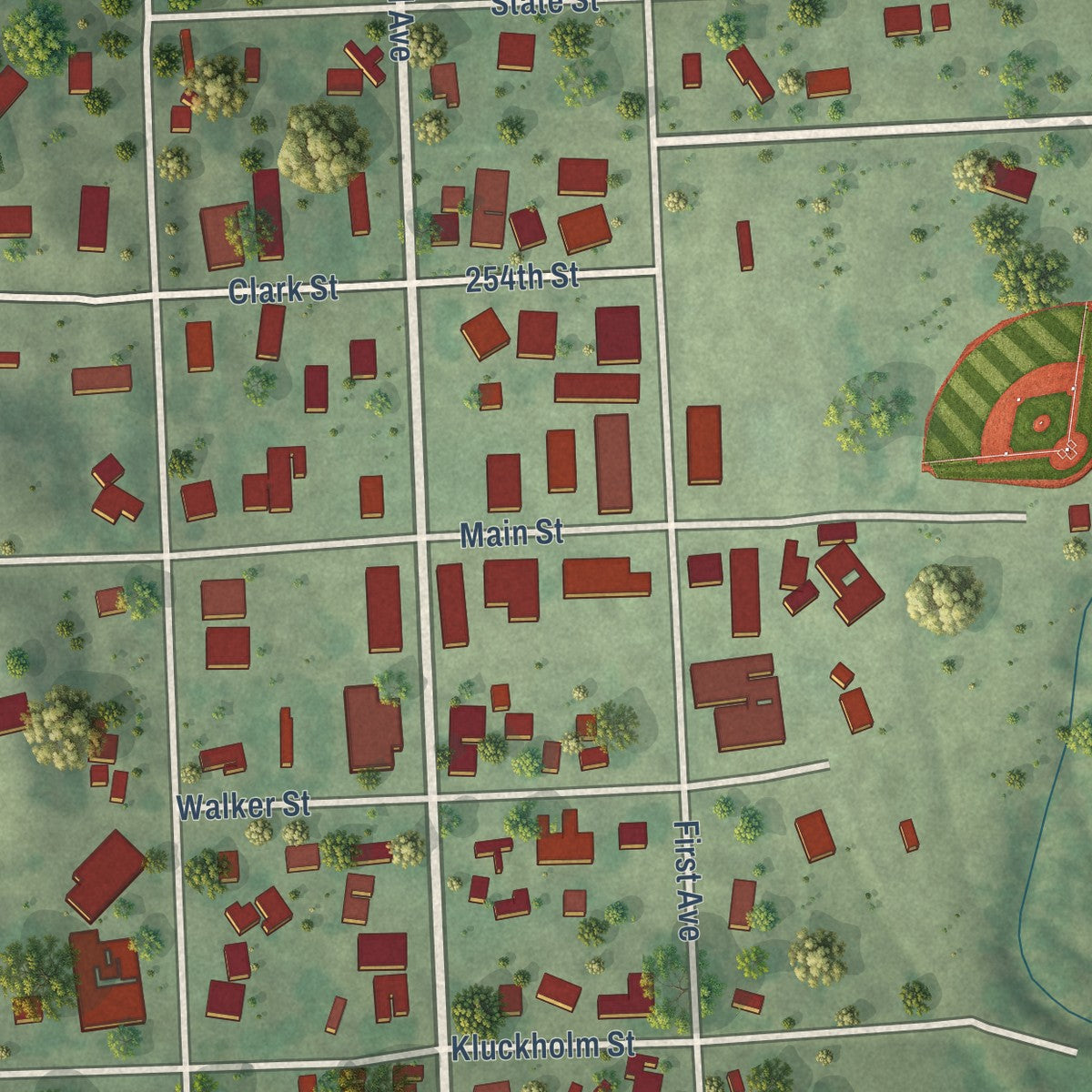 Close-up of the map of Montrose, South Dakota print showing street and building detail