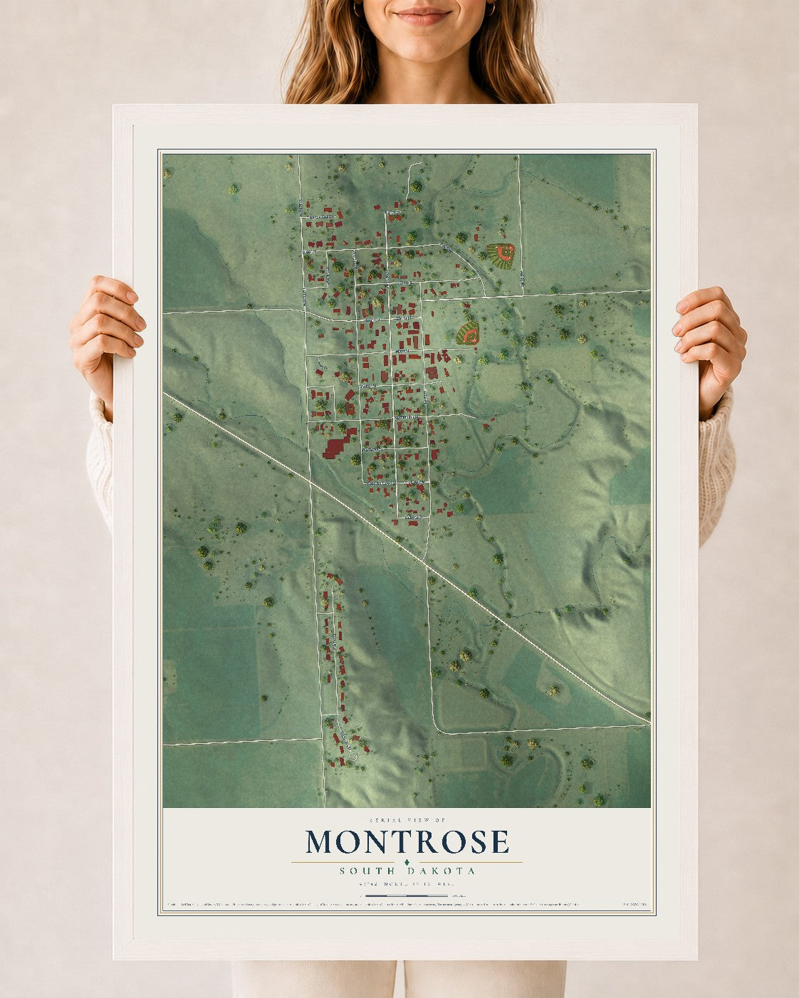 Map of Montrose, South Dakota, 24 x 36 inch print in a white wood frame