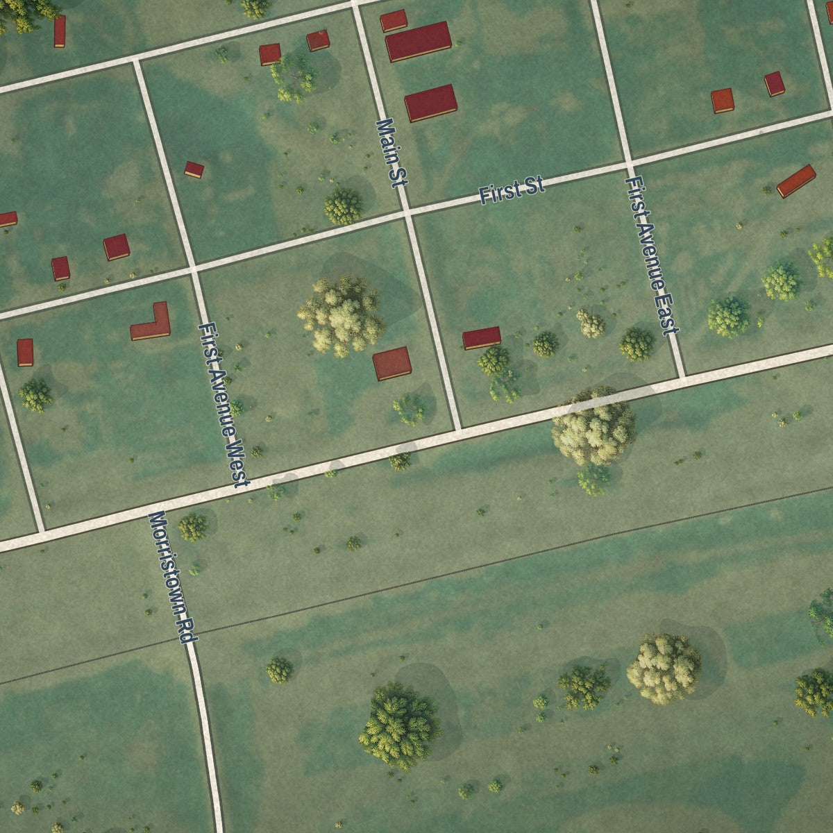Close-up of the map of Morristown, South Dakota print showing street and building detail