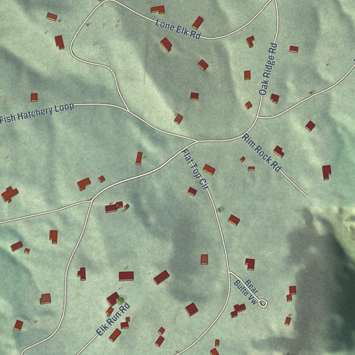 Close-up of the map of Mountain Plains, South Dakota print showing street and building detail