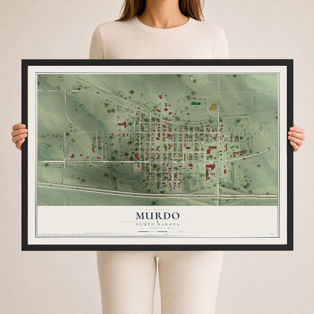 Map of Murdo, South Dakota, 24 x 36 inch print in a black wood frame