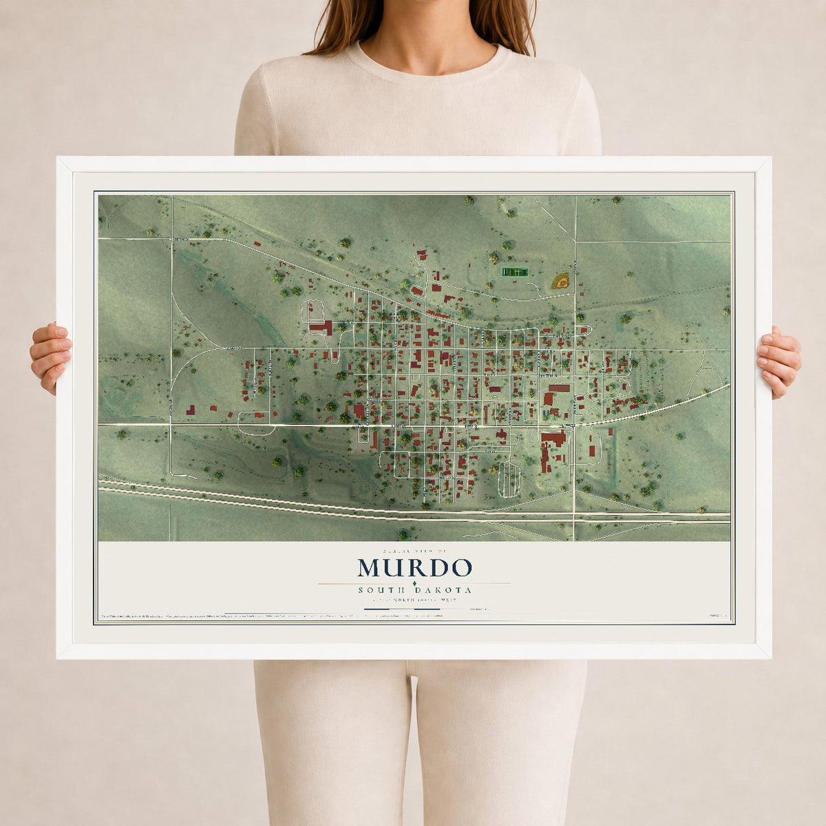 Map of Murdo, South Dakota, 24 x 36 inch print in a white wood frame