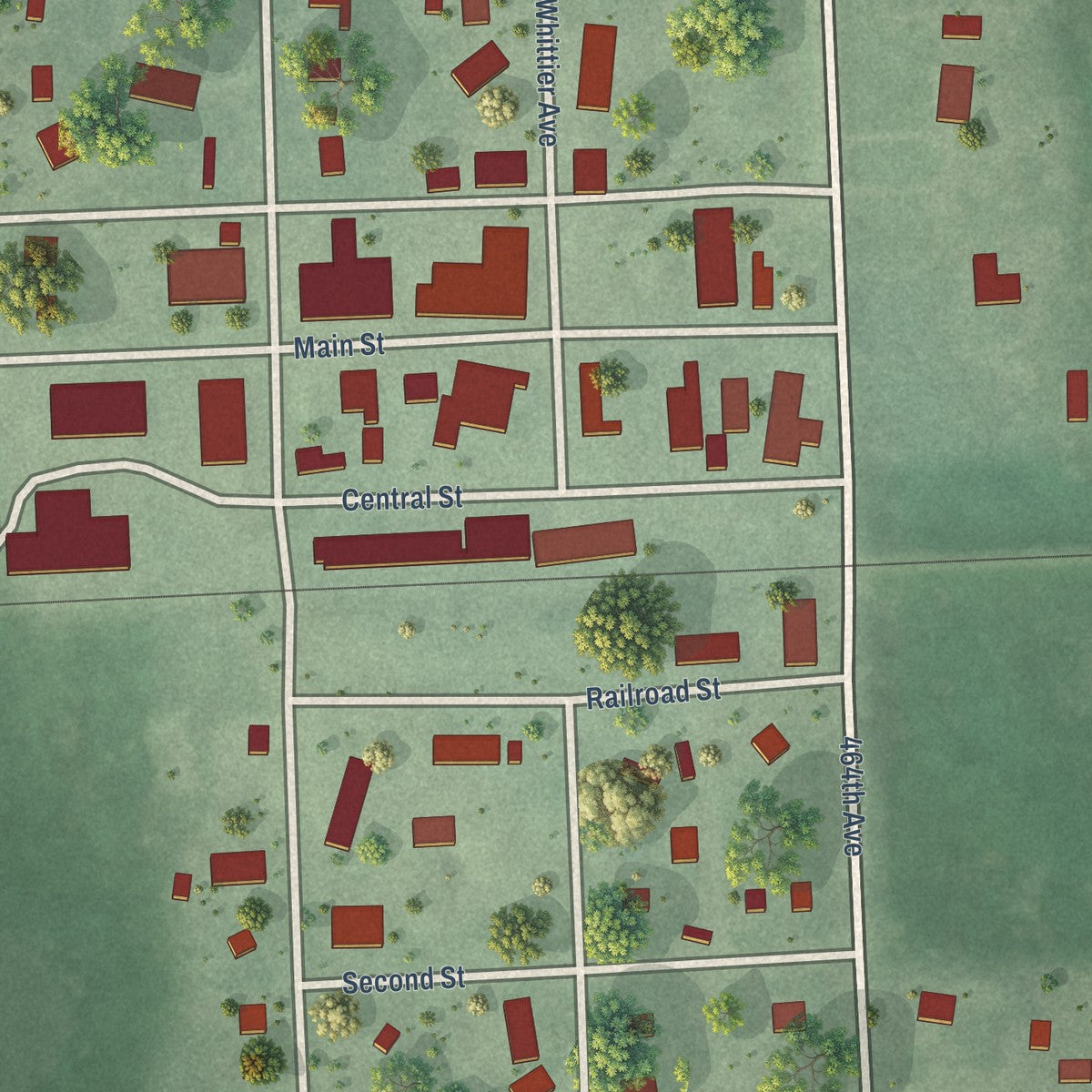 Close-up of the map of New Effington, South Dakota print showing street and building detail
